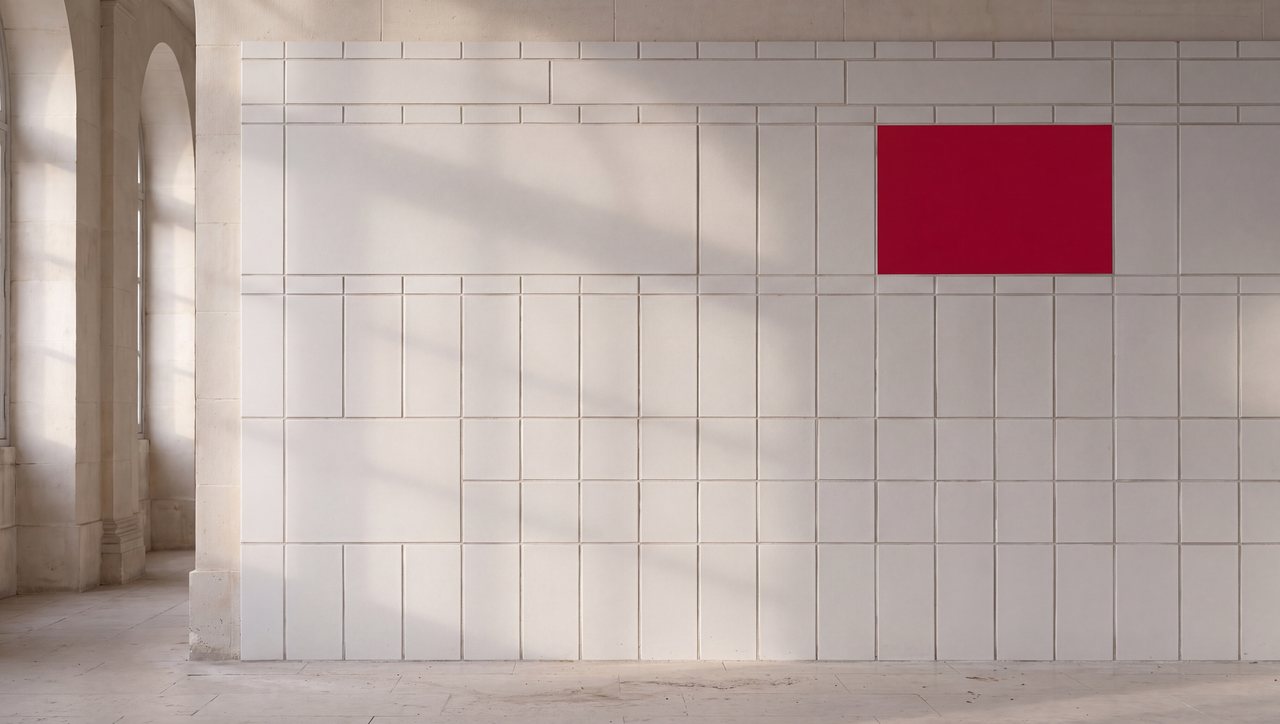 A white tile wall laid out like a web page, one red tile in the advert slot