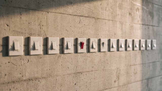 A row of white switches on a concrete wall, one red switch flipped up
