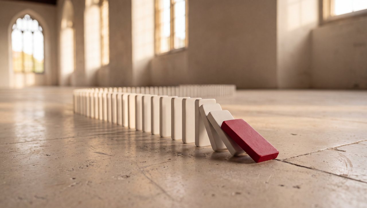 A line of white dominoes on a stone floor, the first one red and falling