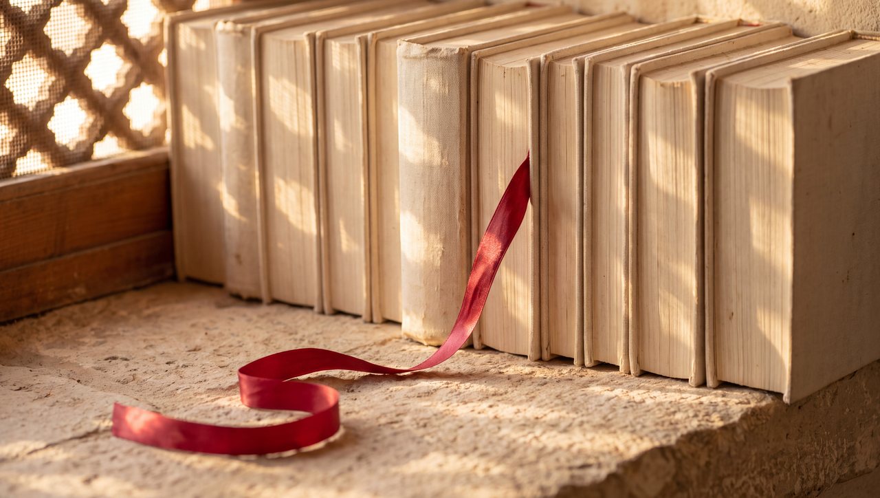 A row of white cloth-bound books, a red ribbon bookmark trailing across the stone ledge