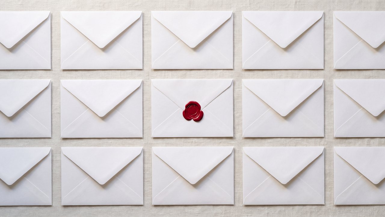 A grid of plain white envelopes, one sealed with red wax