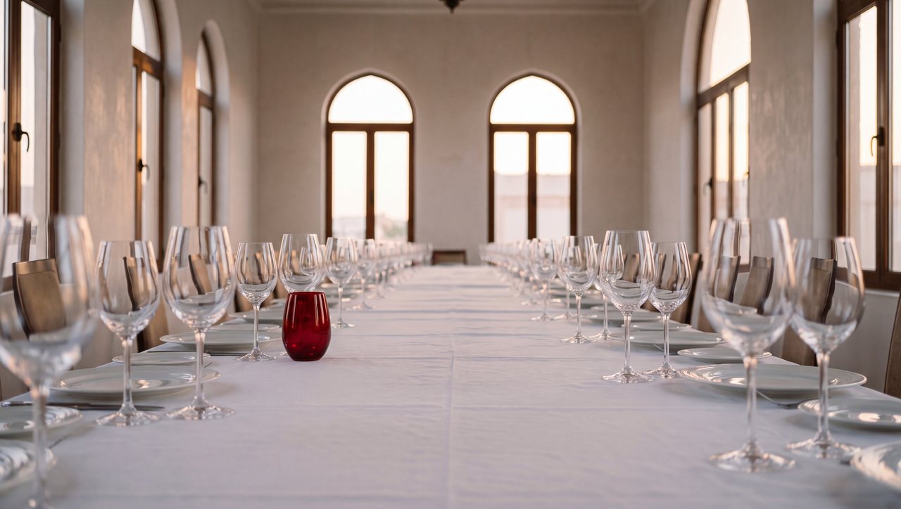 A long white dinner table in an arched room, one red glass among the clear ones