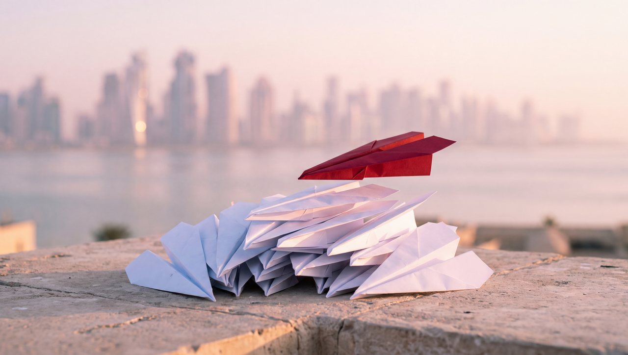 A pile of white paper planes on a Doha rooftop, one red plane lifting off
