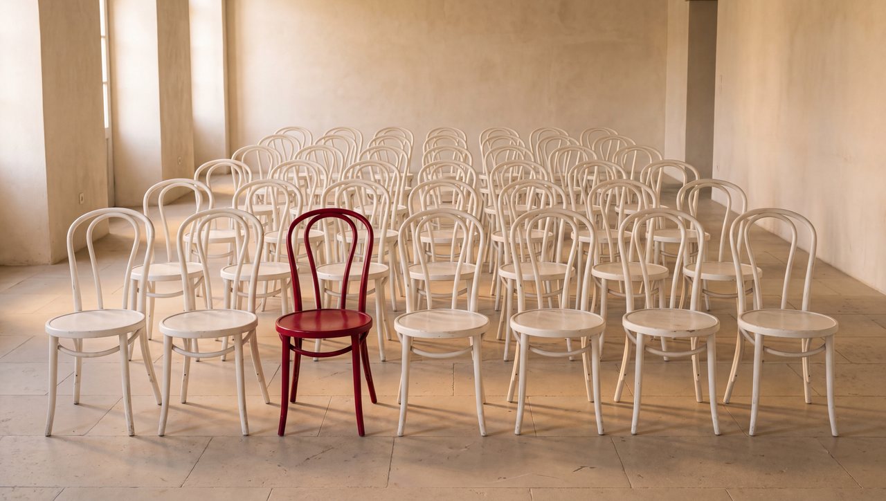 Rows of white bentwood chairs in a stone hall, one red chair