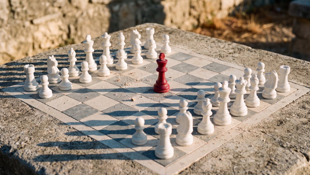 A stone chessboard of white pieces in formation around one red king