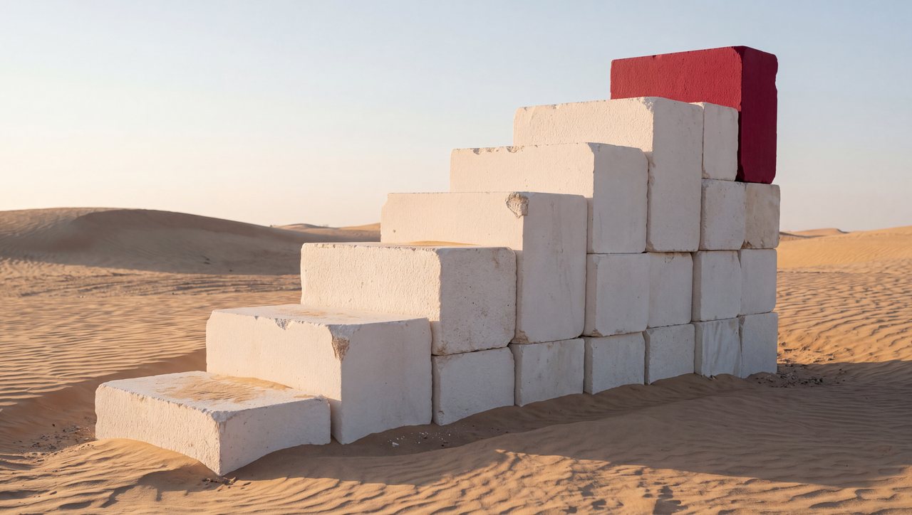White stone blocks stepping up like a bar chart in the desert, the top block red
