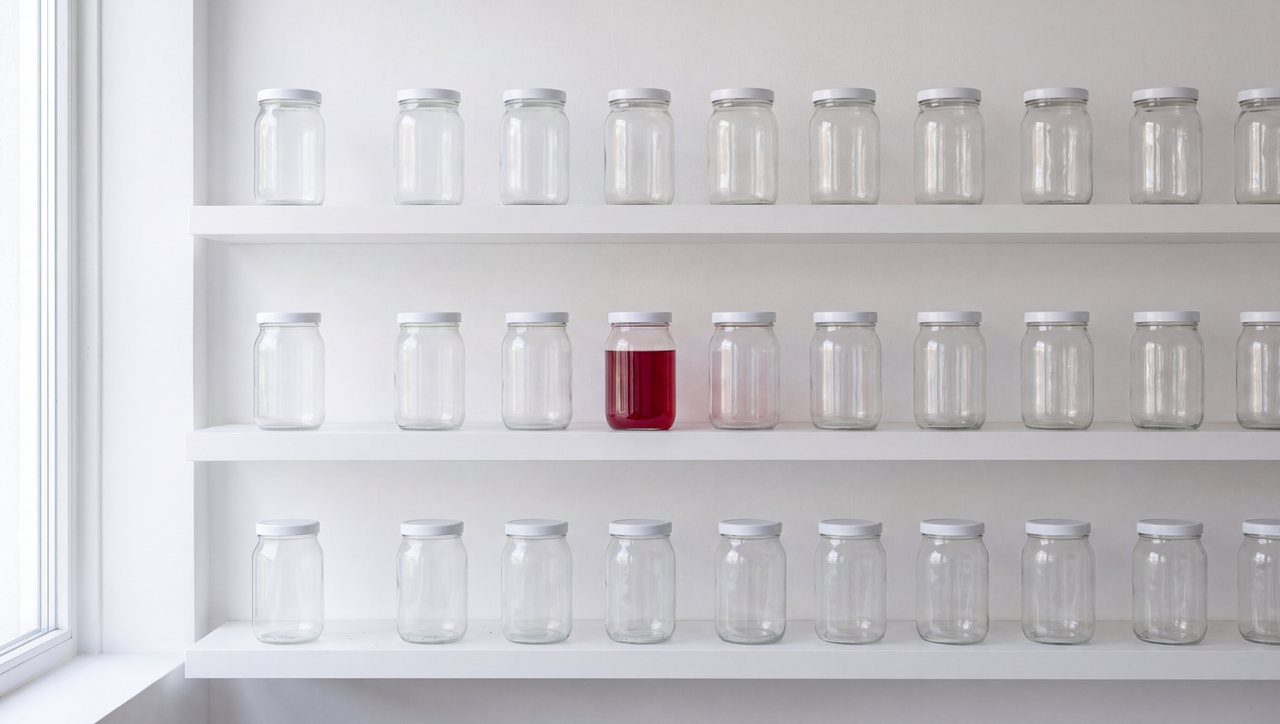 Shelves of empty glass jars, one filled with red