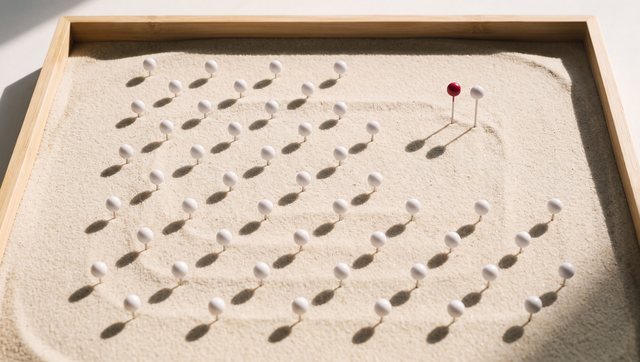 A tray of sand with rows of white map pins, one taller red pin