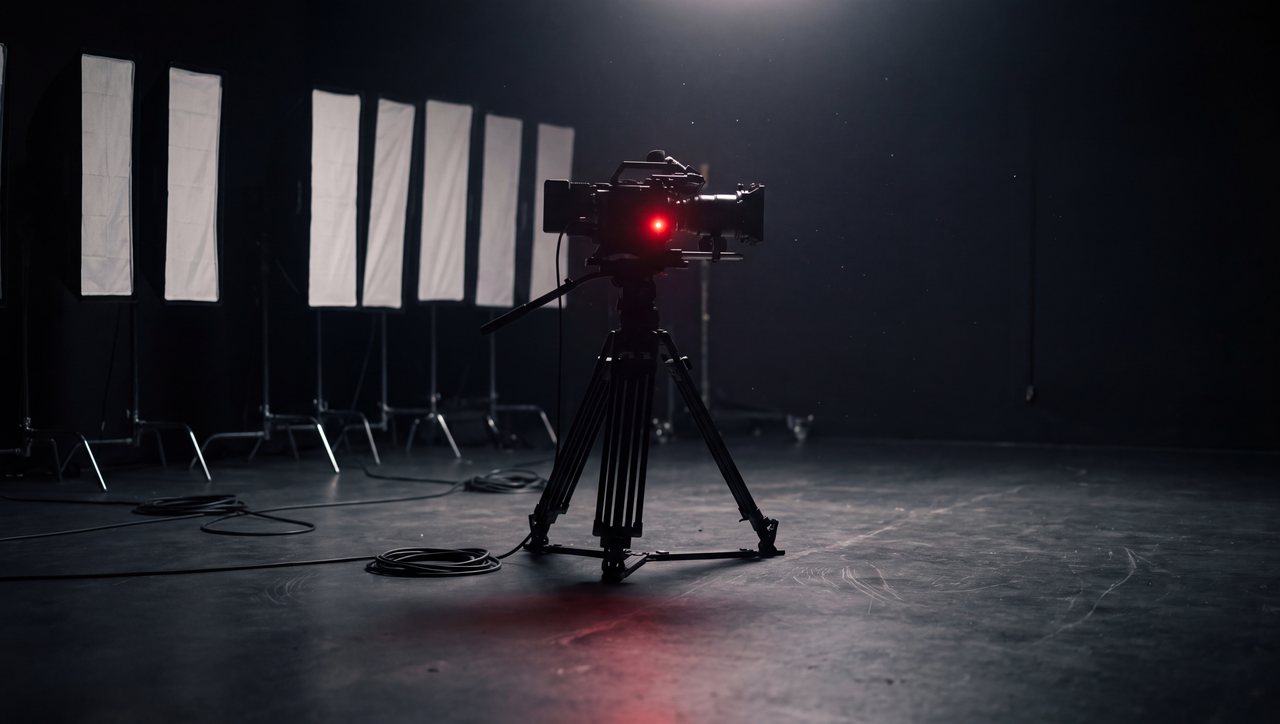A cinema camera on a tripod in a dark studio, its red recording light on